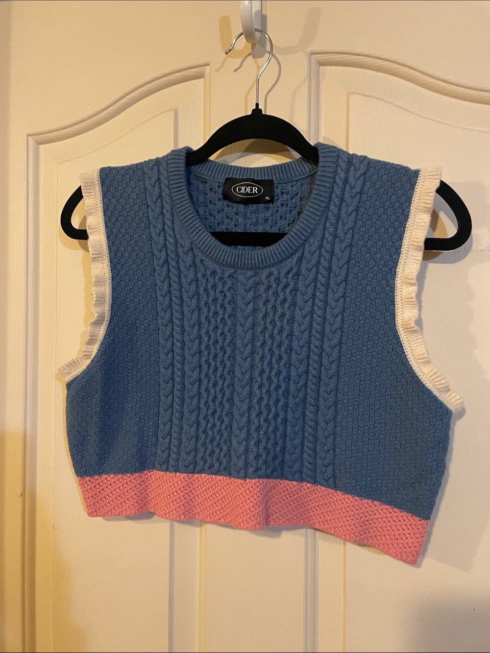 Cider Blue Cable Knit Cropped Vest with Pink Hem and White Trim